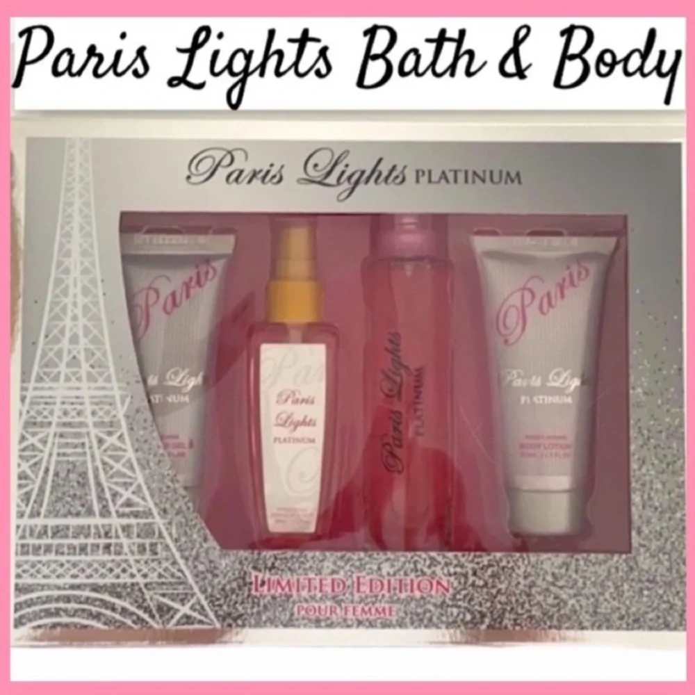 Paris Lights Bath and Body Fragrance Set Womens Cosmetics Gifts Pink Silver